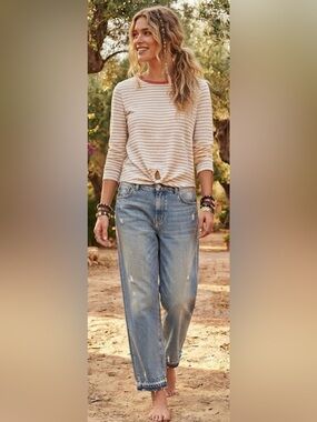 NWT - Hem & Thread Long Sleeved Slub Knit Coral- Striped T w Front Tie